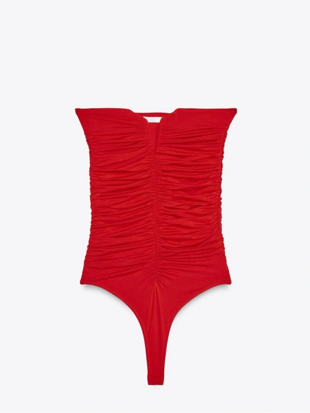 Zara Red Ruched Strapless Thong Bodysuit